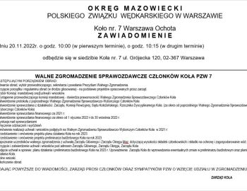 WALNE ZGROMADZENIE SPRAWOZDAWCZE CZŁONKÓW KOŁA PZW 7 20.11.2022 godz. 10